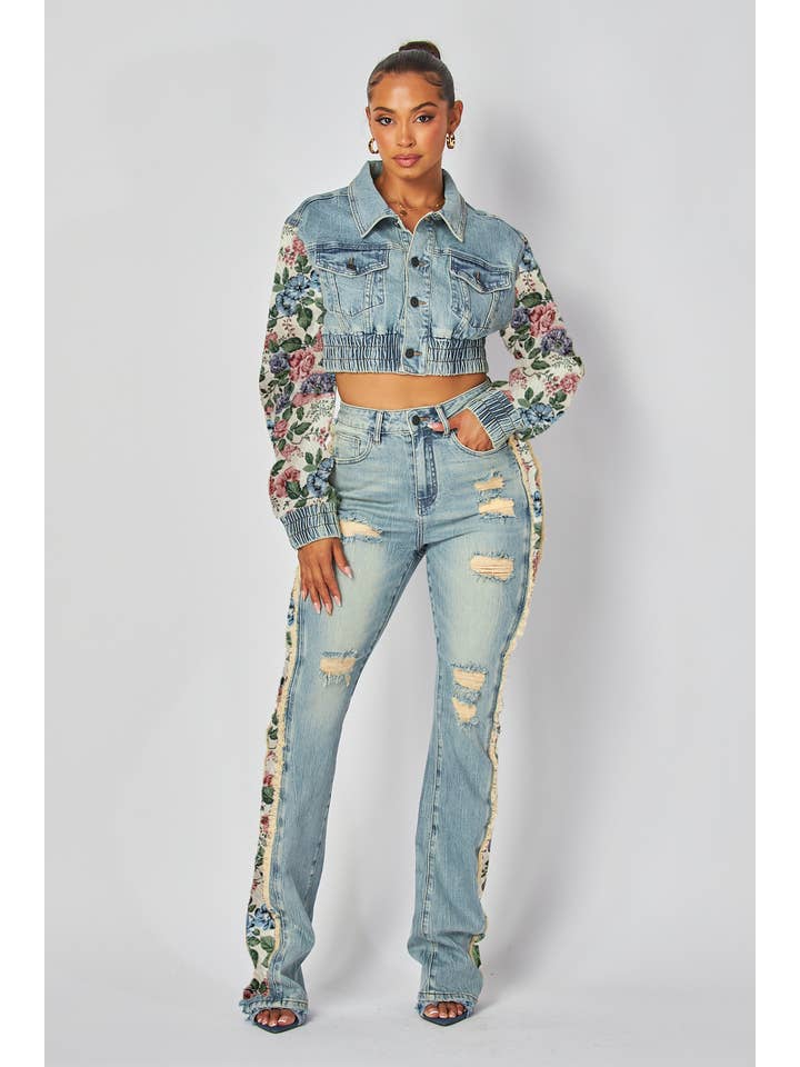 Pink Flower Print Tapestry Denim Blend Jeans for wholesale on Faire