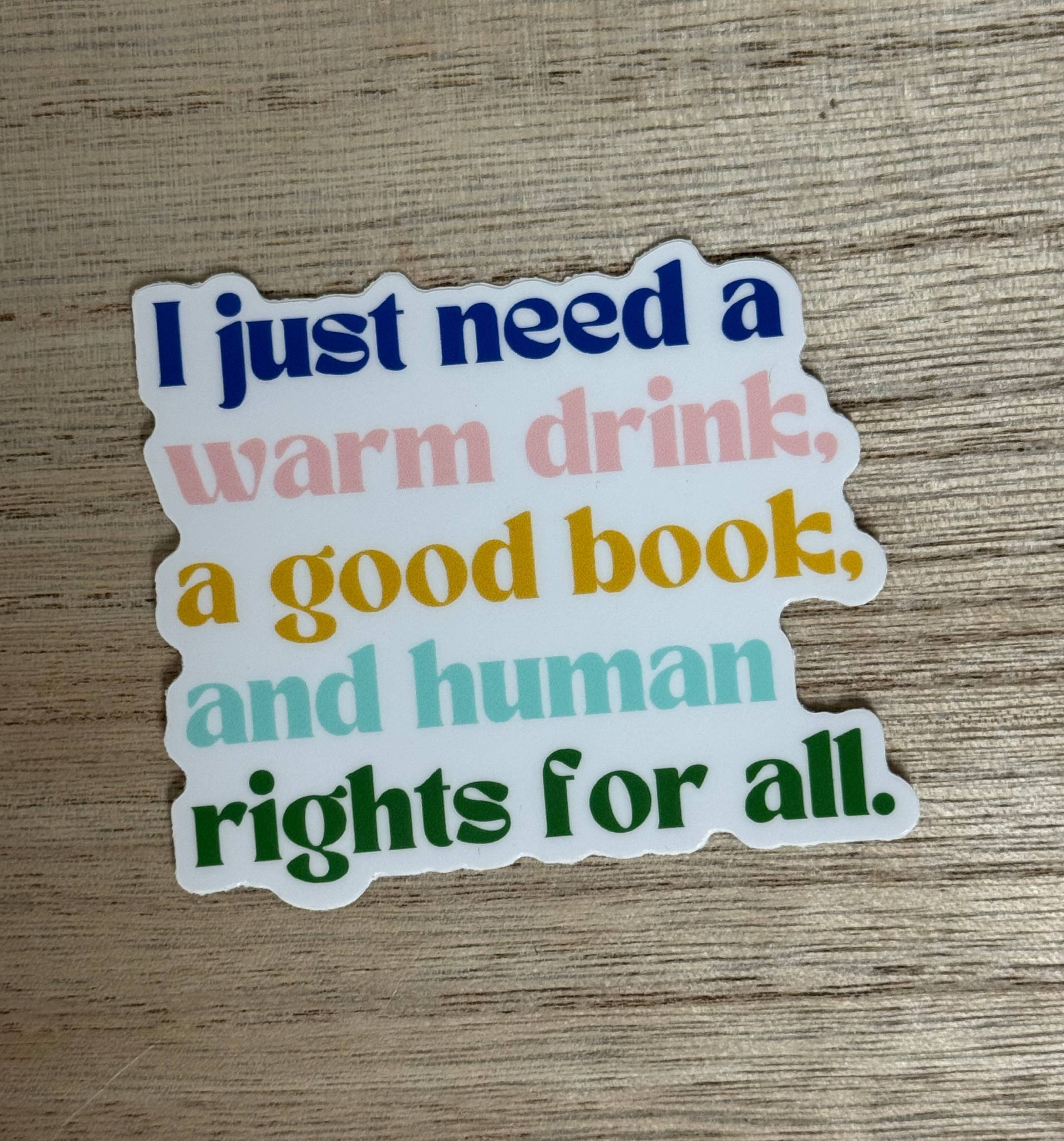 Hands Producing Hope - Wholesale Sticker - Warm Drink, Good Book, and Human Rights for All Sticker