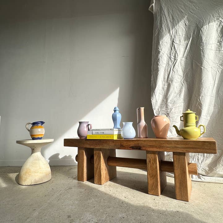 Office Objets - Wholesale Bench - Solid wood bench with openwork base crossed by a cylinder - Mango wood11