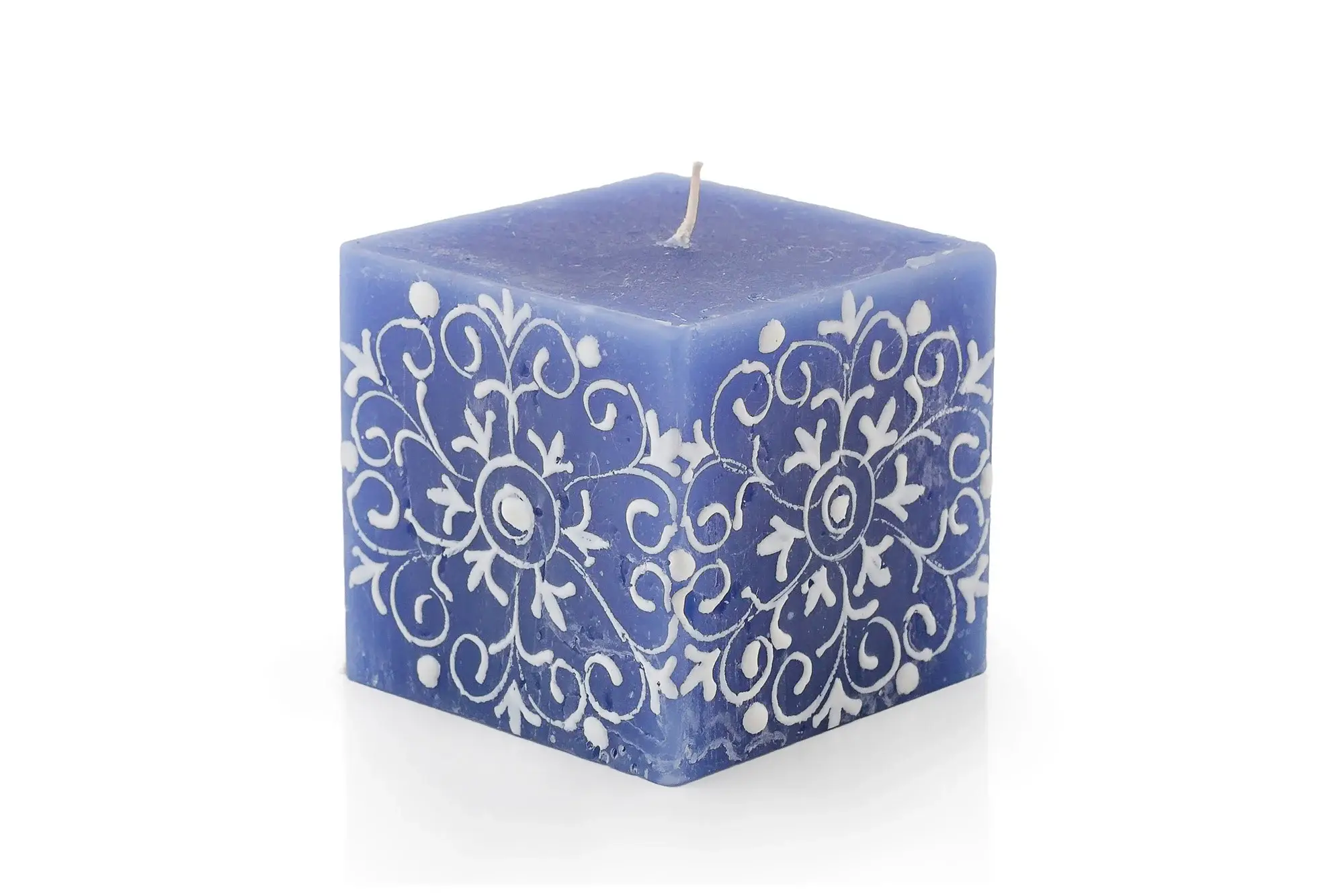 Thumbprint Artifacts - Wholesale Tapered Candle/Candlestick - Henna White on Blue Candle5