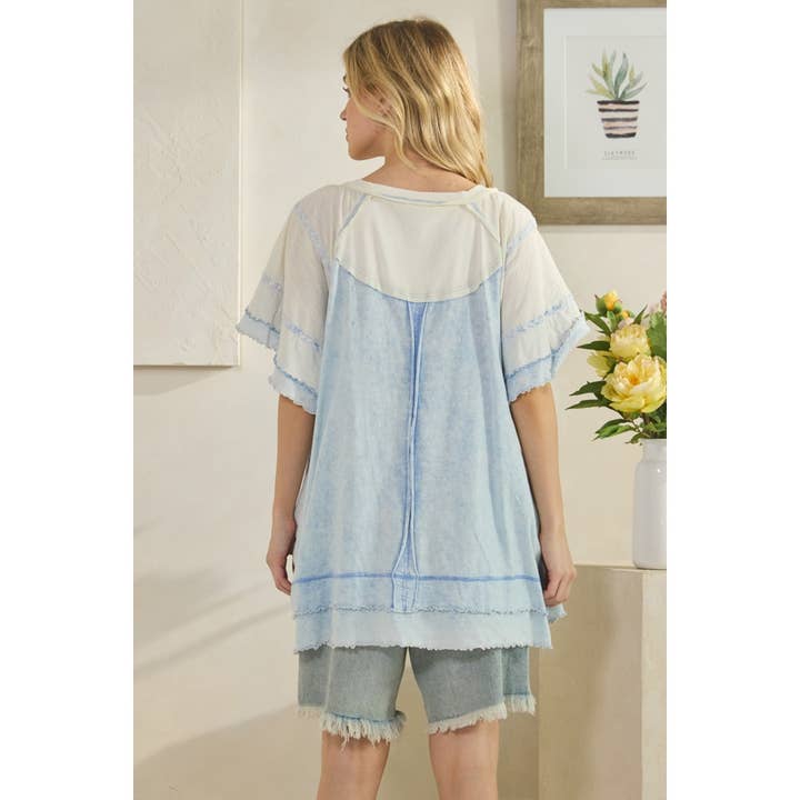 Oli&Hali - Wholesale Knit Top - Women's - WASHED OVERSIZED WAVY HEM V NECK SHORT SLEEVE TOP