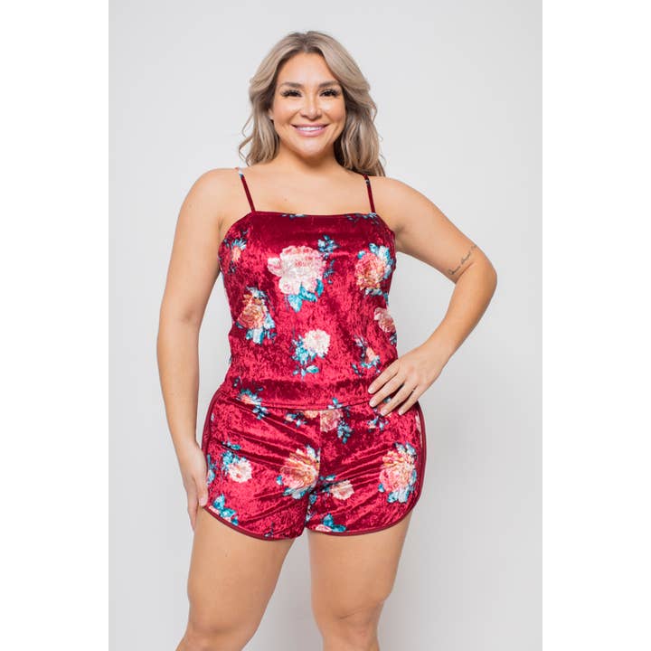 SET CANOTTA E PANTALONCINI IN VELLUTO FLOREALE TAGLIE FORTI per la vendita all'ingrosso da parte di Curve Market
