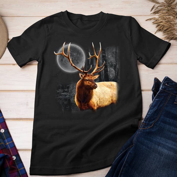 North American Wildlife T-shirt, Elk in Moonlight Tee for wholesale by Artopia