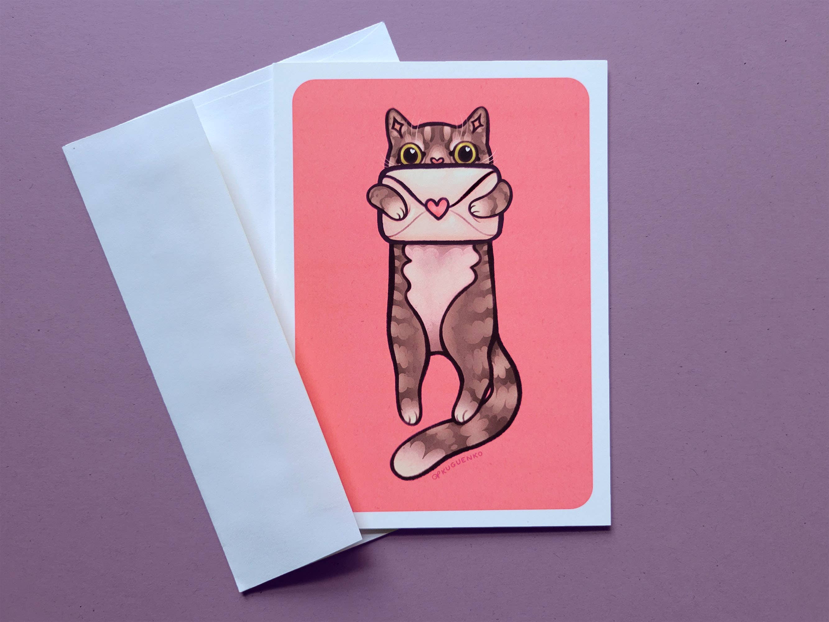 Kuguenko Illustration - Wholesale Love Card - Kitty Letter - Greeting Card, 5x7 in.