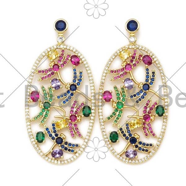 Colorful CZ Micro Pave Dragonfly On Oval Frame Shape Pendant/Charm, 18K Gold Filled Charm, Necklace Bracelet Pendant, 50x24mm,Sku#LK408 for wholesale by BestBeads&Beyond