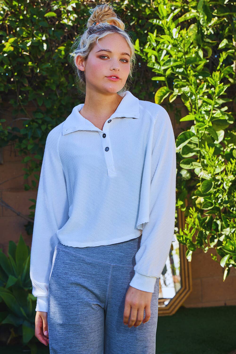 BUCKETLIST INC - Wholesale Knit Top - Women's - T2597 Textured Solid Button Closure High Neck Top5