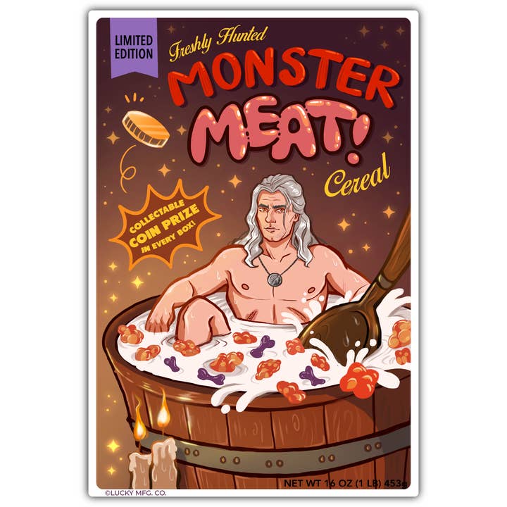"Monster Meat" Witcher Cereal Box Parody Vinyl Sticker for wholesale by Lucky Mfg. Co.