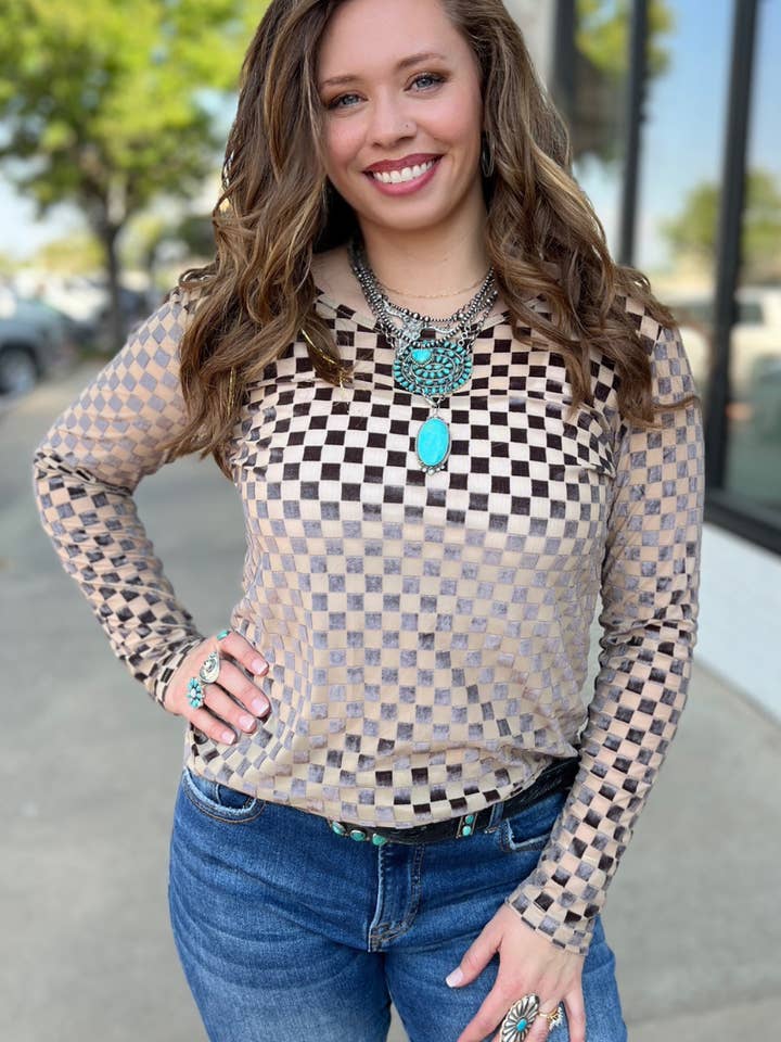 Sterling Kreek - Wholesale Blouse - Women's - Sweet Dreams Velvet Mesh Top Crew Neck