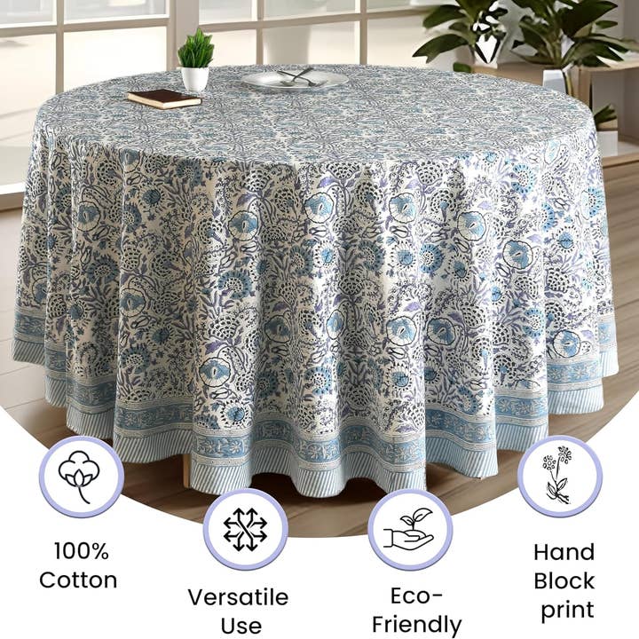 Cotton Print Club - Wholesale Tablecloth - Round Block Print Tablecloth – Indigo Blue1