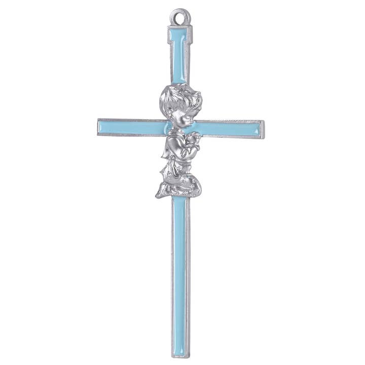 CROIX MURALE EN FORME DE PRIÈRE POUR GARÇON DE 6 PO AVEC INCRUSTATION BLEUE pour la vente par Dicksons