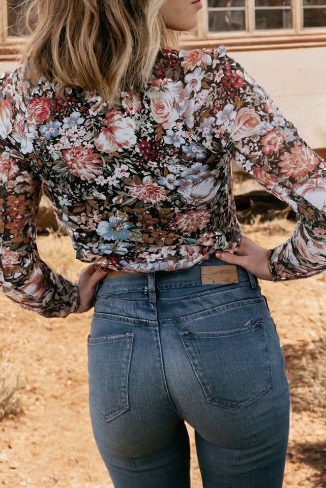 fashionworks - Wholesale Blouse - Women's - Fashion-W Floral Long Sleeve Mock Neck Sheath Mesh Blouse3