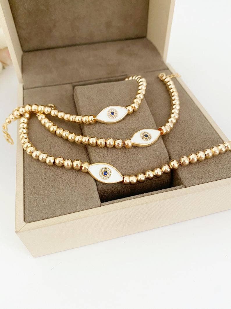 Evileyefavor – Großhandel Perlenarmband – Weißes Evil Eye-Armband, wasserdichtes Armband, goldfarbener Perlenstab3