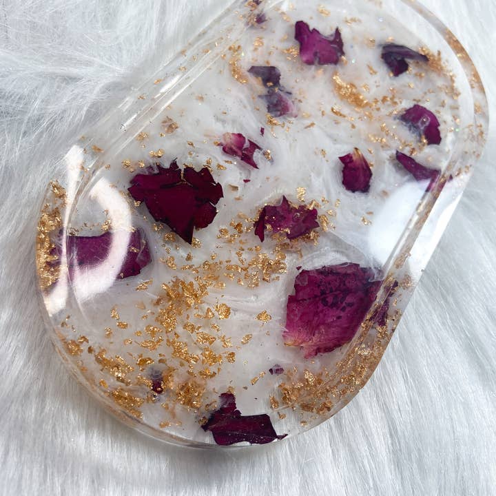 KraftzbyKenzie - Wholesale Jewellery dish - Rose Petal Trinket Trays, White Swirls, Gold Foil, Red Roses1