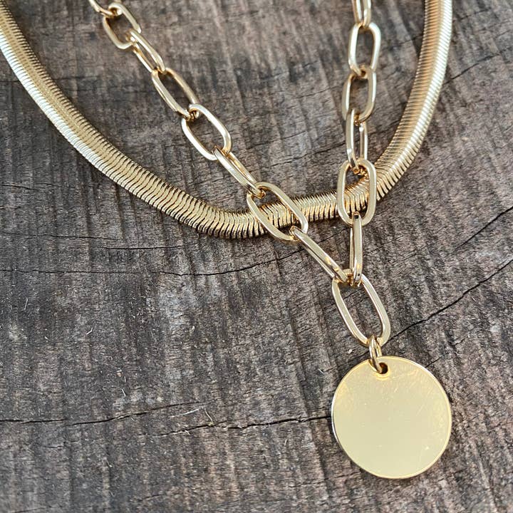 PennyLine inc - Wholesale Link & Chain Necklace - Layered gold tone short necklace set with a coin pendant1