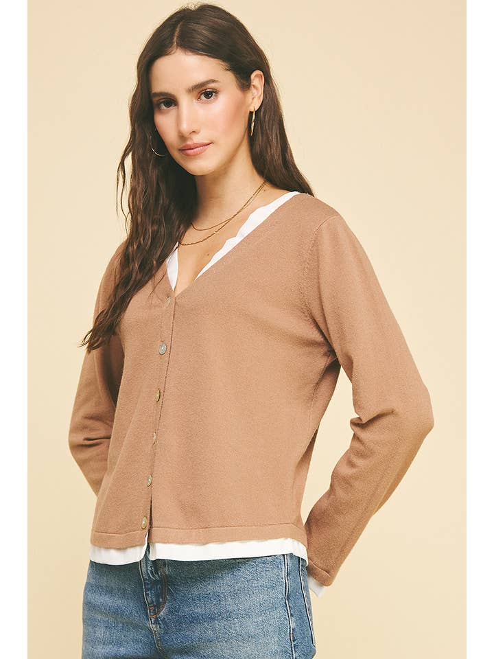 PINCH - Wholesale Knit Top - Women's - V-NECK WOVEN COMBO CARDIGAN TOP - 5831W32