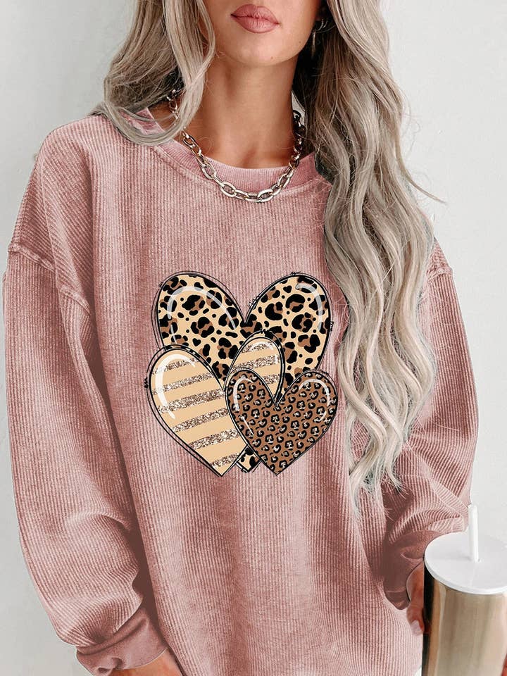 Pink Leopard Heart Shape Corded Loose Fit Sweatshirt for wholesale by Suhkasana