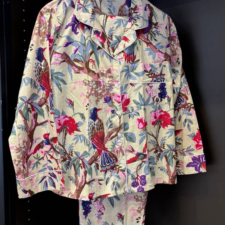 Light Green Flowers and Birds Indian Cotton Pyjama Set for wholesale by Muno