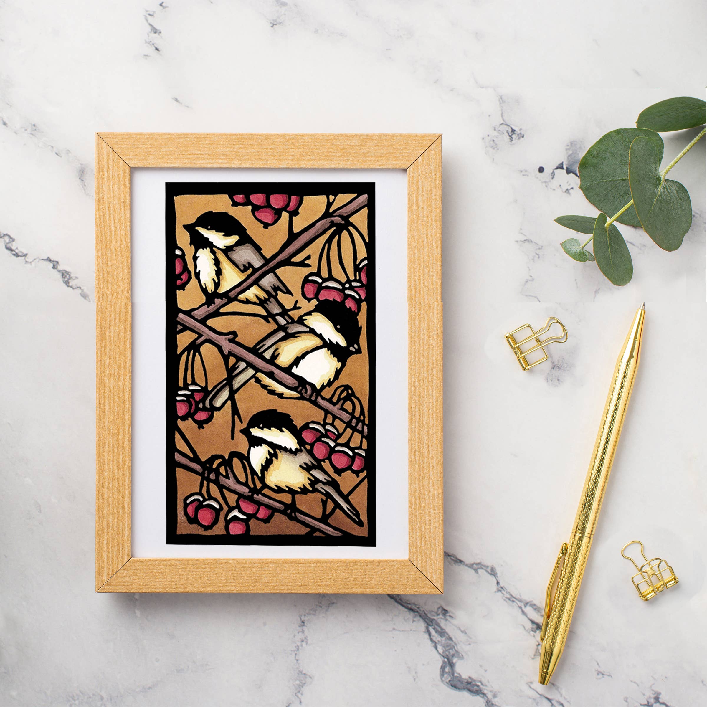 Sarah Angst Art - Wholesale Season's Greetings Card - Greeting Card Three Chickadees1