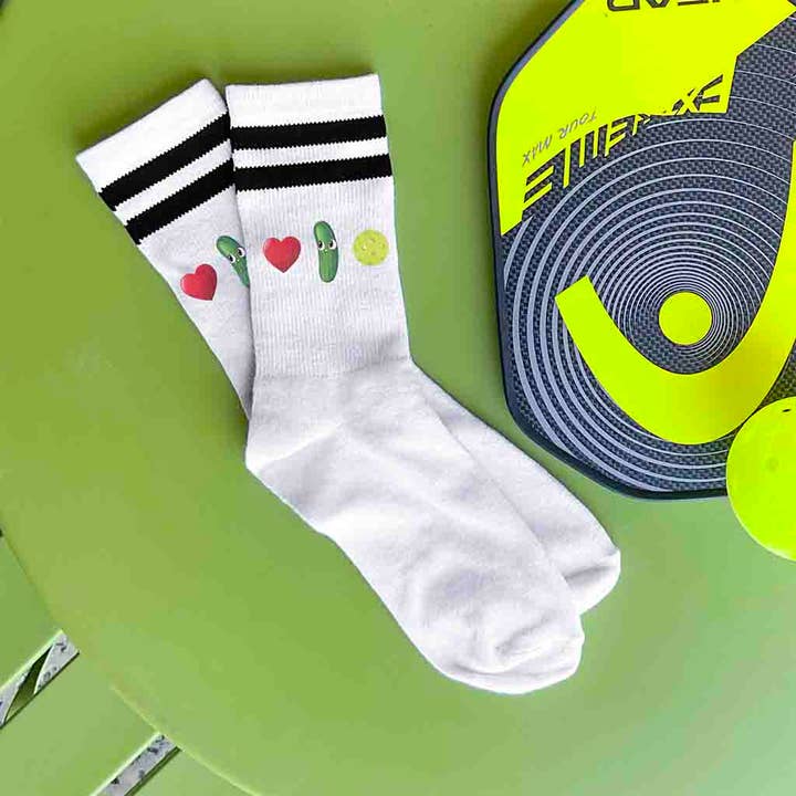 White Black I Love Pickleball Crew Socks for the Pickleball Player for wholesale on Faire
