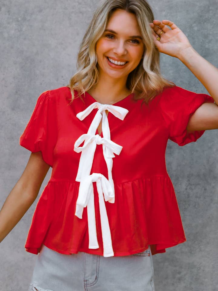 Kori America - Wholesale Blouse - Women's - PUFF SHORT SLEEVE GAME DAY BABYDOLL TOP