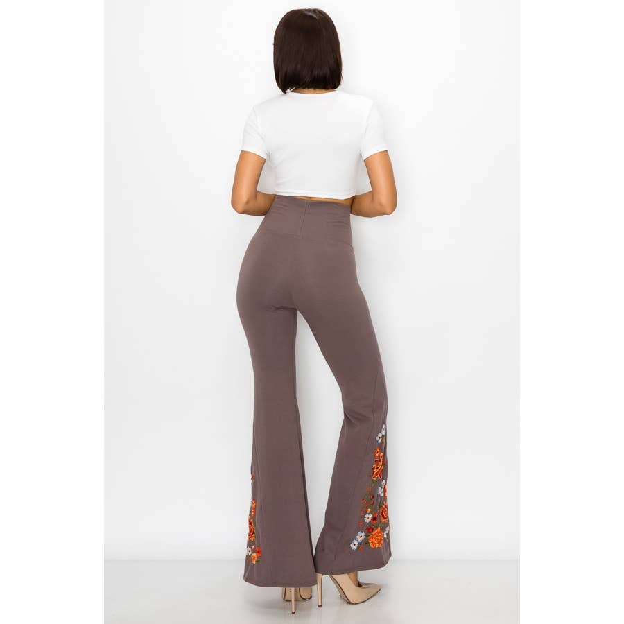 T-Party - Wholesale Pants - Women's - Floral Embroidery Flare Leg Foldover Waist Pants3