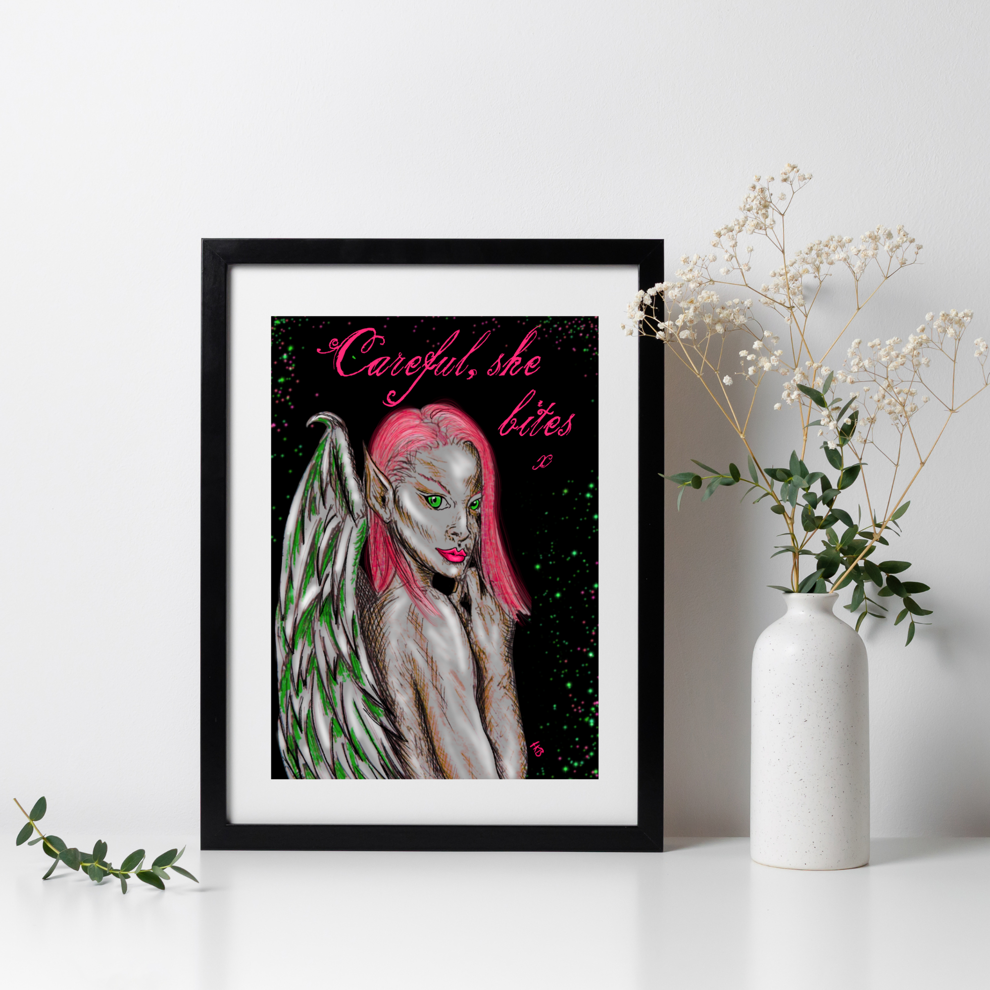 Hannah Kate Makes - Wholesale Art Print - Dark Angel Art Print - Careful She Bites - A5/A4  Pink/Green18