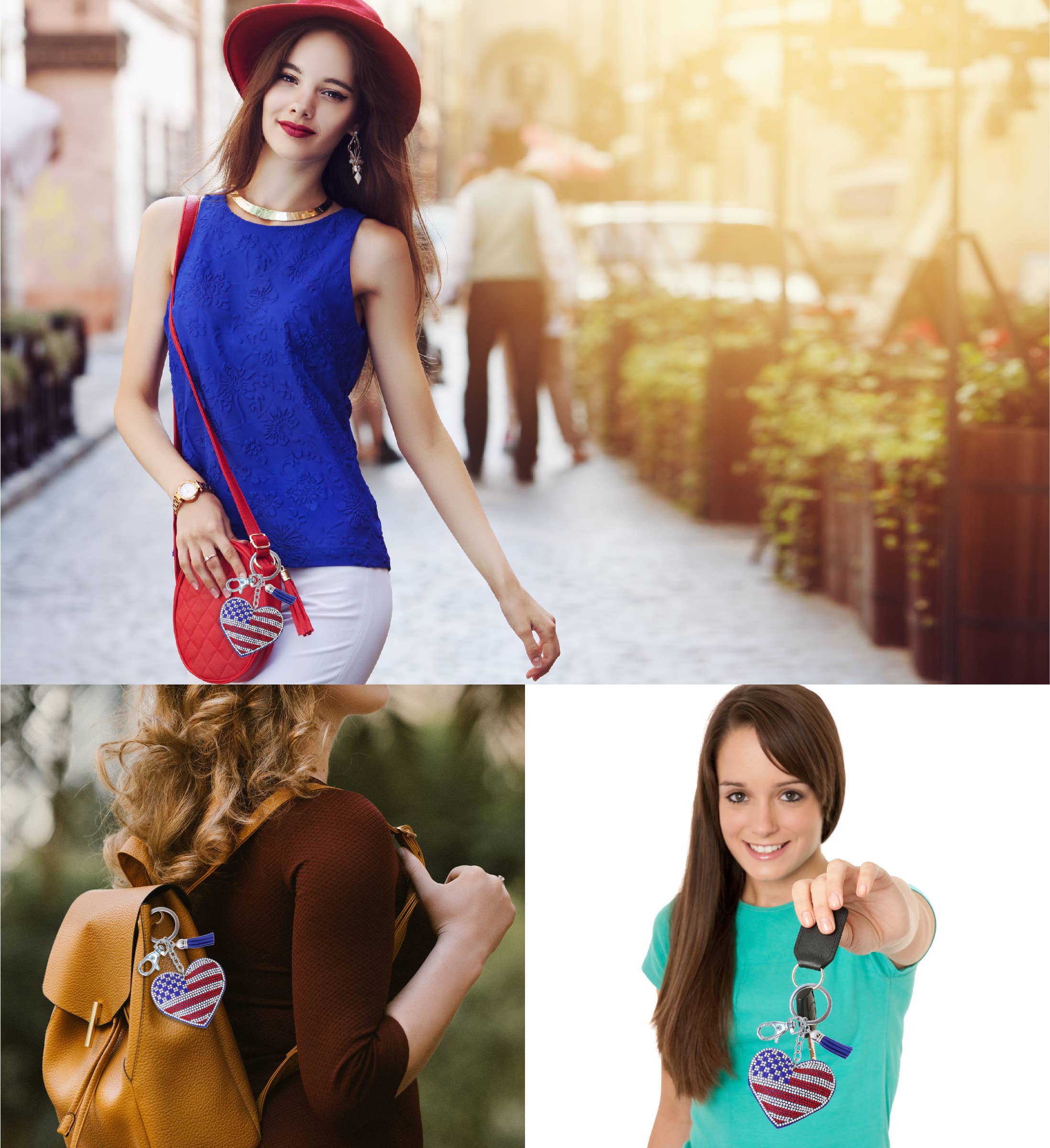 Cota Global - Wholesale Keychain - Unisex - Sparkling Rhinestones Charm With Tassel - Usa Flag Heart4