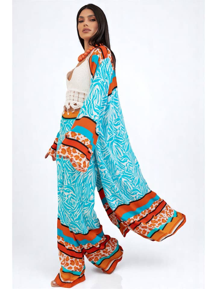 FAME GREECE - Wholesale Top & Pant Set (NOT Loungewear) - Women's - F-394 Turquoise Leo Set