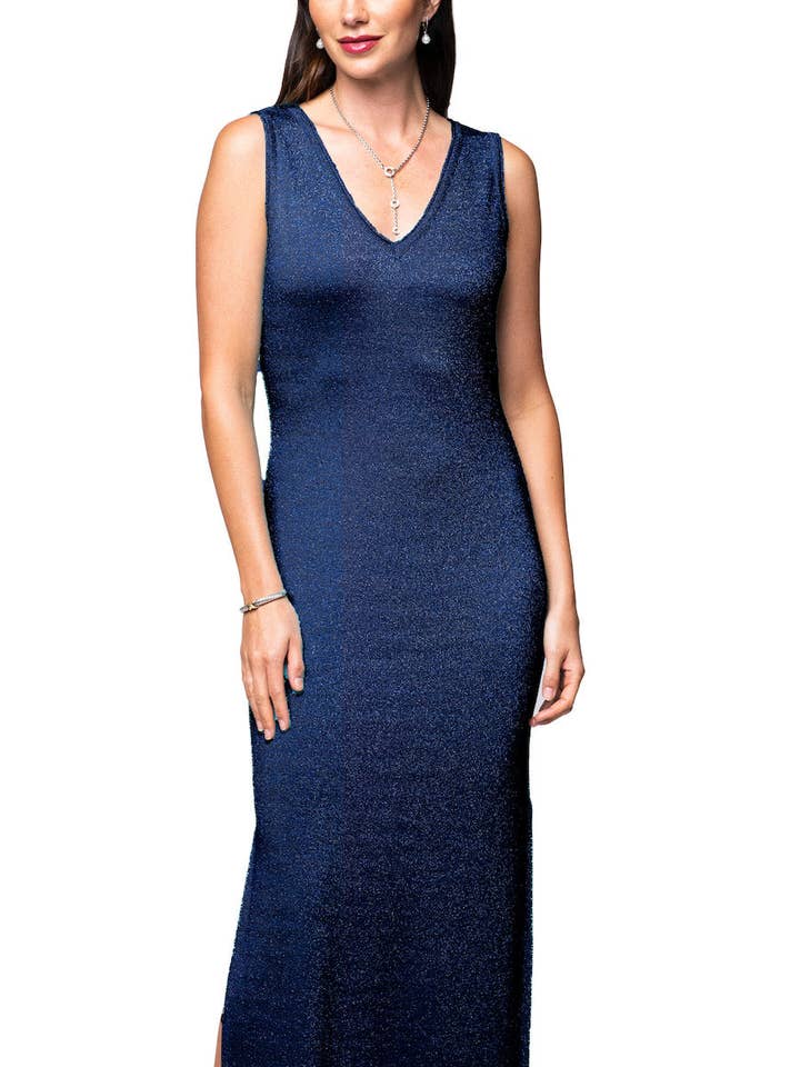 Robe/robe longue sans manches Aria ; bleu marine scintillant pour la vente par Biana