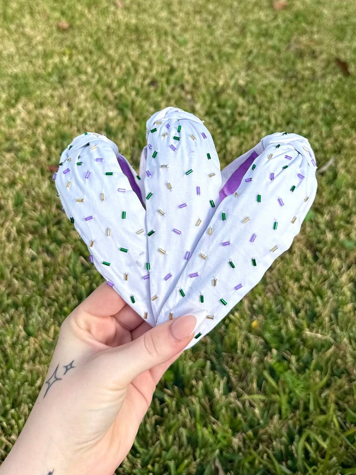 White Mardi Gras Sprinkle Headband for wholesale by La Luna Belle LLC