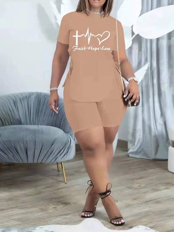 print eyelet lace up split hem top shorts set for wholesale by Queen Fashion