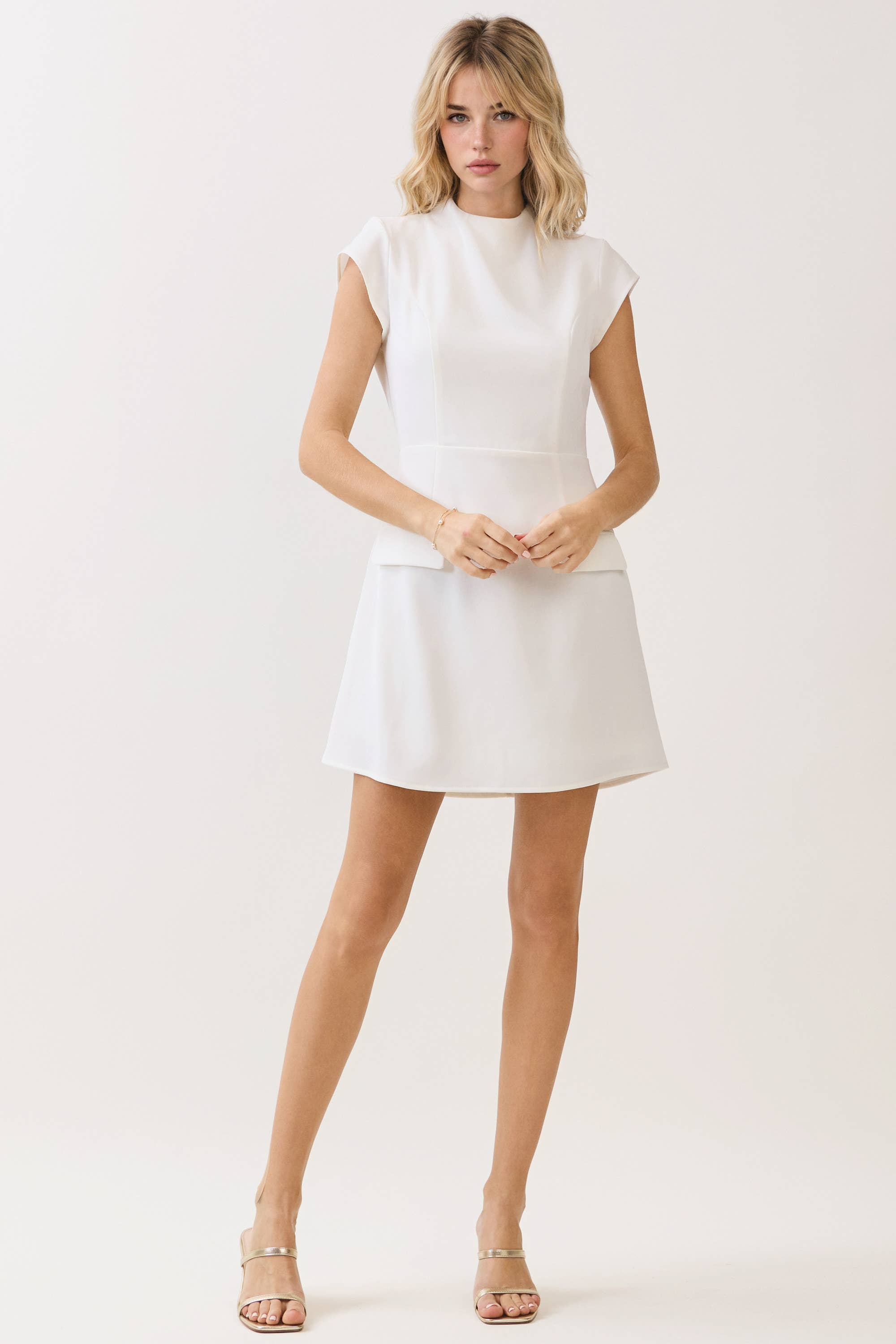 White CD05366-Mock Neck Cap Sleeves Fitted Bodice Mini Dress for wholesale on Faire4