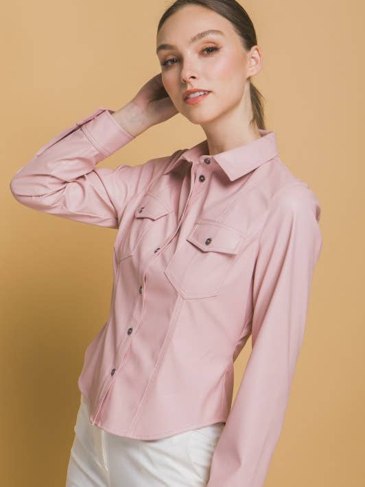 Camisa de piel sintética de poliuretano con cierre de botones para venta al por mayor de MintChoco