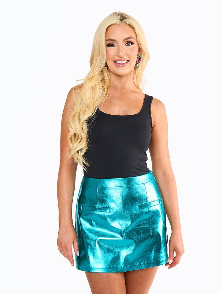 Gonna Chelsea in pelle sintetica metallizzata blu turchese per la vendita all'ingrosso da parte di BuddyLove