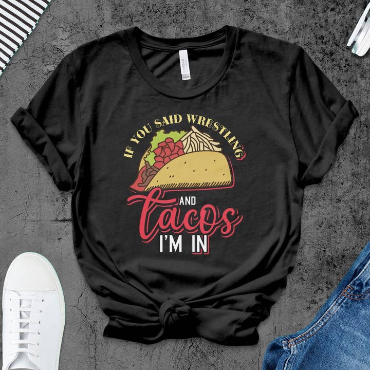 Divertida camiseta de lucha libre y tacos, camiseta estampada unisex, regalo para amantes de los tacos, camisa de luchador, camiseta casual para amantes de la comida, cómoda camisa de algodón para venta al por mayor de FreakyTeeFactory