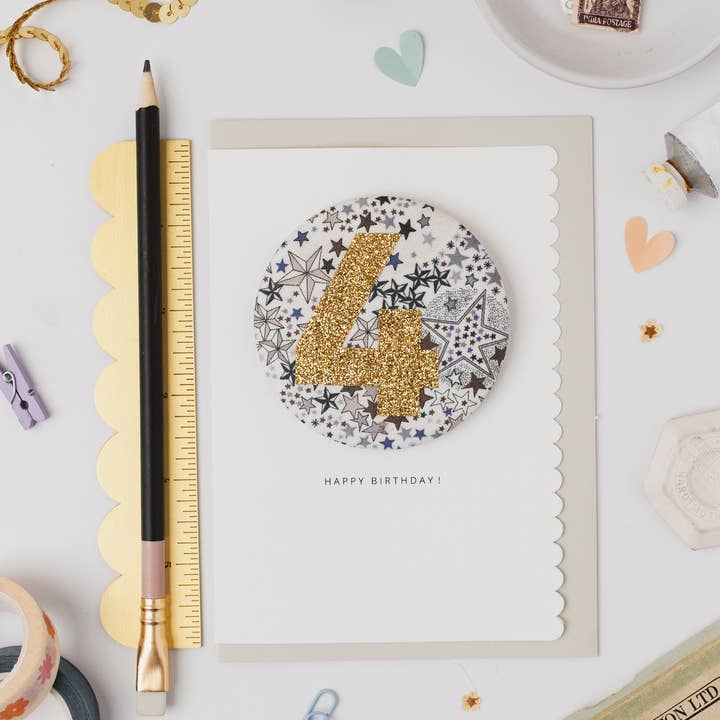 The Charming Press - Wholesale Birthday Card - Birthday Badge Age 4 - Liberty Adelajda's Wish