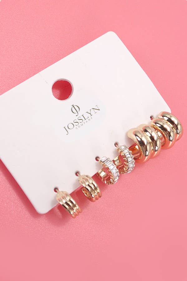 Gold BAGUETTE STONE DOUBLE HOOP HUGGIE TRIO EARRINGS | 80E5317 for wholesale on Faire1