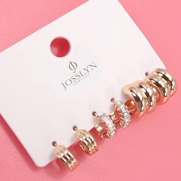 Gold BAGUETTE STONE DOUBLE HOOP HUGGIE TRIO EARRINGS | 80E5317 for wholesale on Faire1