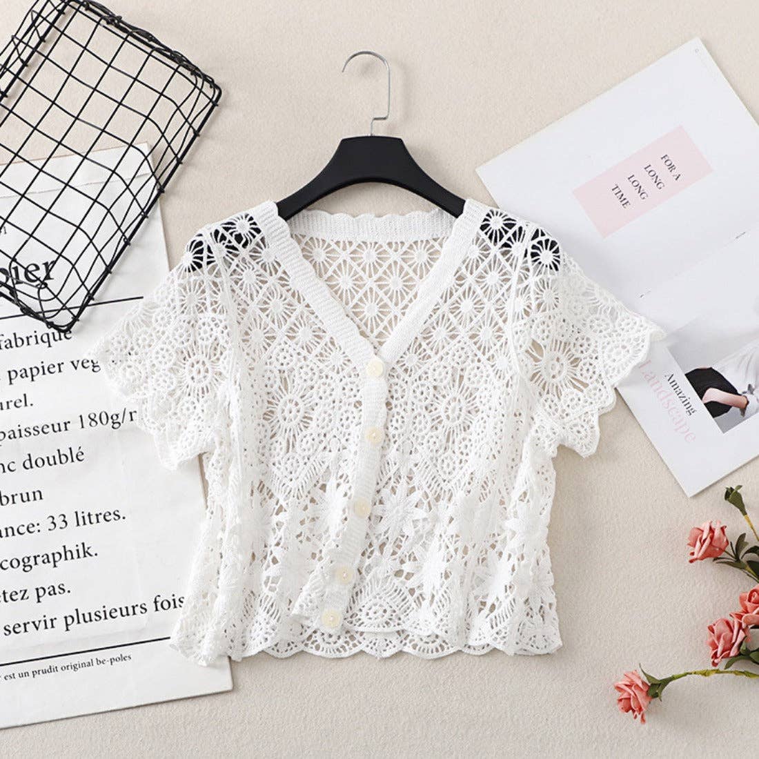 Funkyrel® Atzbranding Limited - Wholesale Cardigan - Women's - Crosa - Crochet Hollow-Out Short-Sleeve Cardigan0