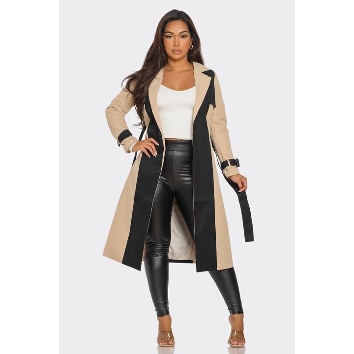 BEIGE BLACK ELEGANTLY EDGED COLOR BLOCK TRENCH COAT for wholesale on Faire