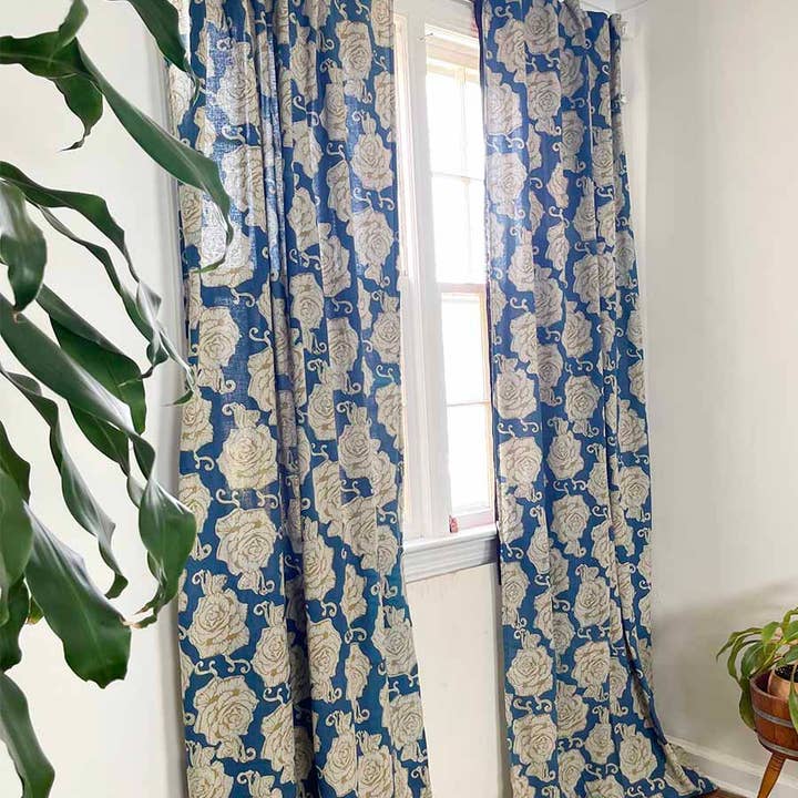 Ichcha - Wholesale Curtain - Light Blue & Gold Window Room Curtains Drapes - Rose Gold