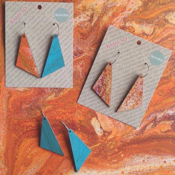 Reversible Triangle Recycled Paper Earrings - Orange / Blue for wholesale by Kami-so