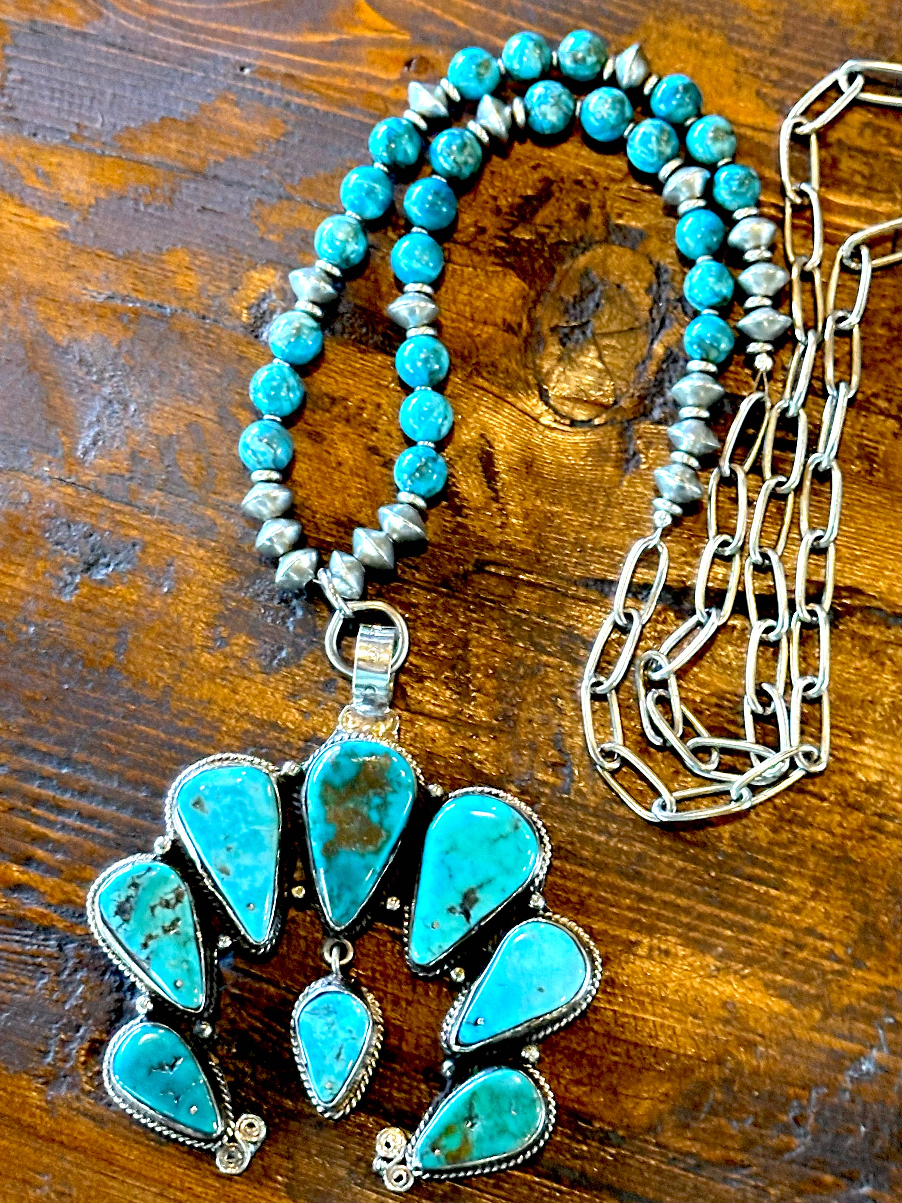 Fleurdesignz Western Jewelry - Wholesale Pendant/Charm Necklace - Adjustable Squash Blossom Necklace, Natural Blue Turquoise0