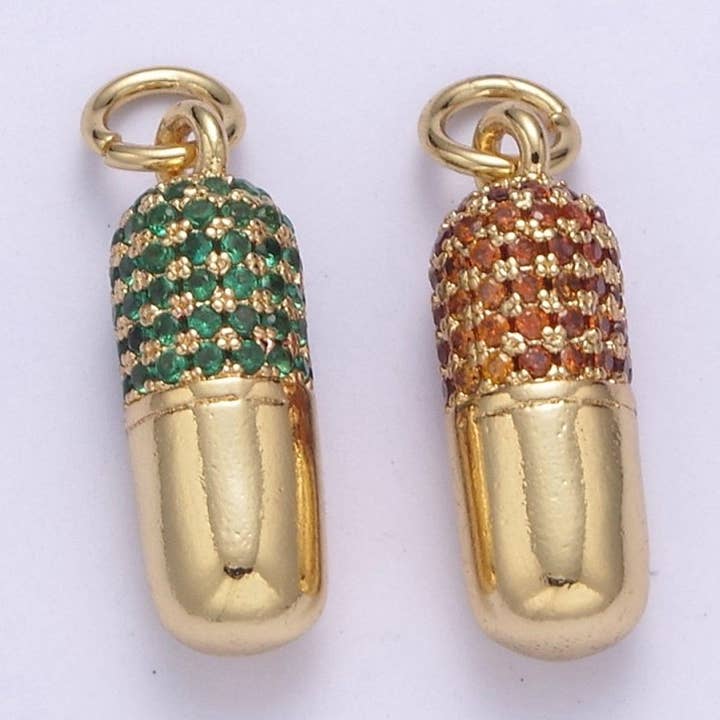 14K Gold Filled Green, Red Micro Paved CZ Pill Charm | C592 C594 for wholesale by Aim Eternal