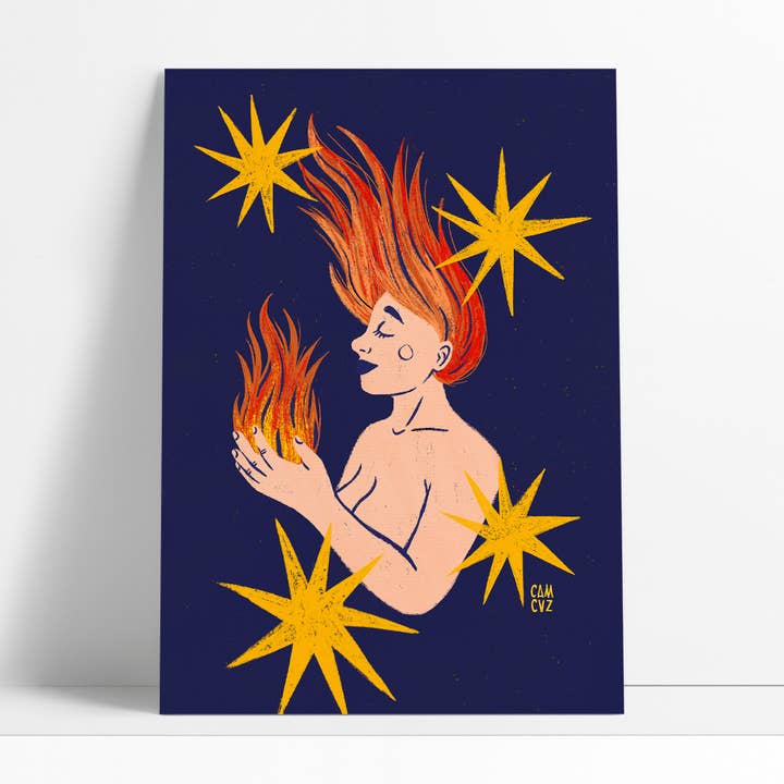 Visa eld och stjärnklar natt | kvinnoporträtt, lågor för wholesale av Camille Cauvez illustration et papeterie