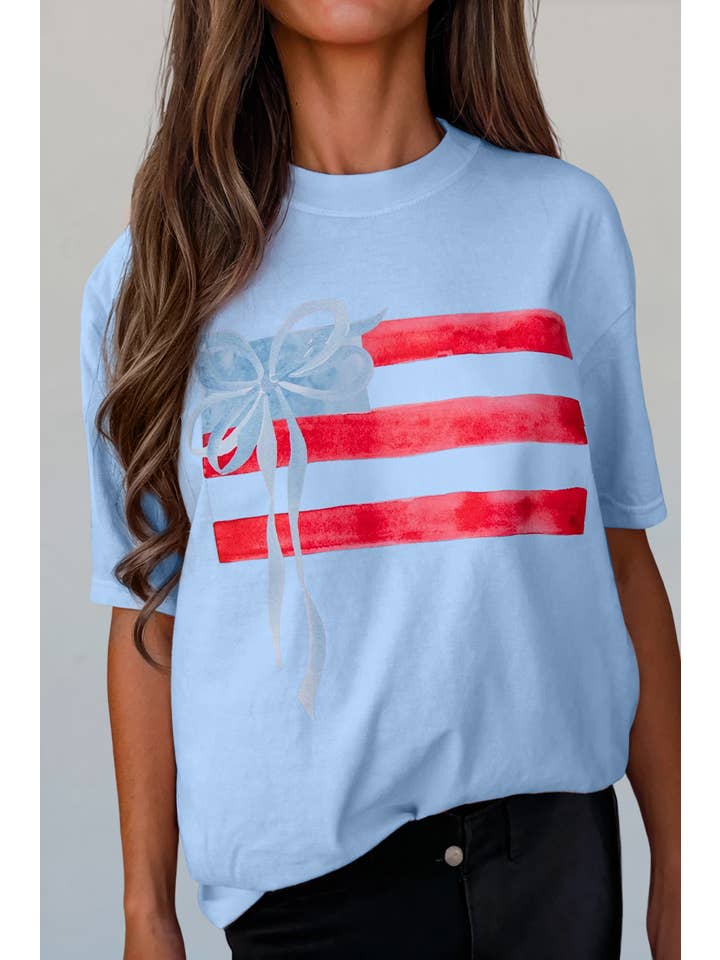 Aapparella - Wholesale Screen Printed T-Shirt - Women's - Flag Bow Patch Graphic Short Sleeve Tee | S-XL