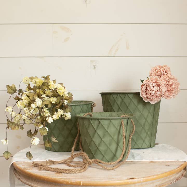 SET/ 3 SAGE HANGING QUILTED METAL PAILS for wholesale by Ragon House