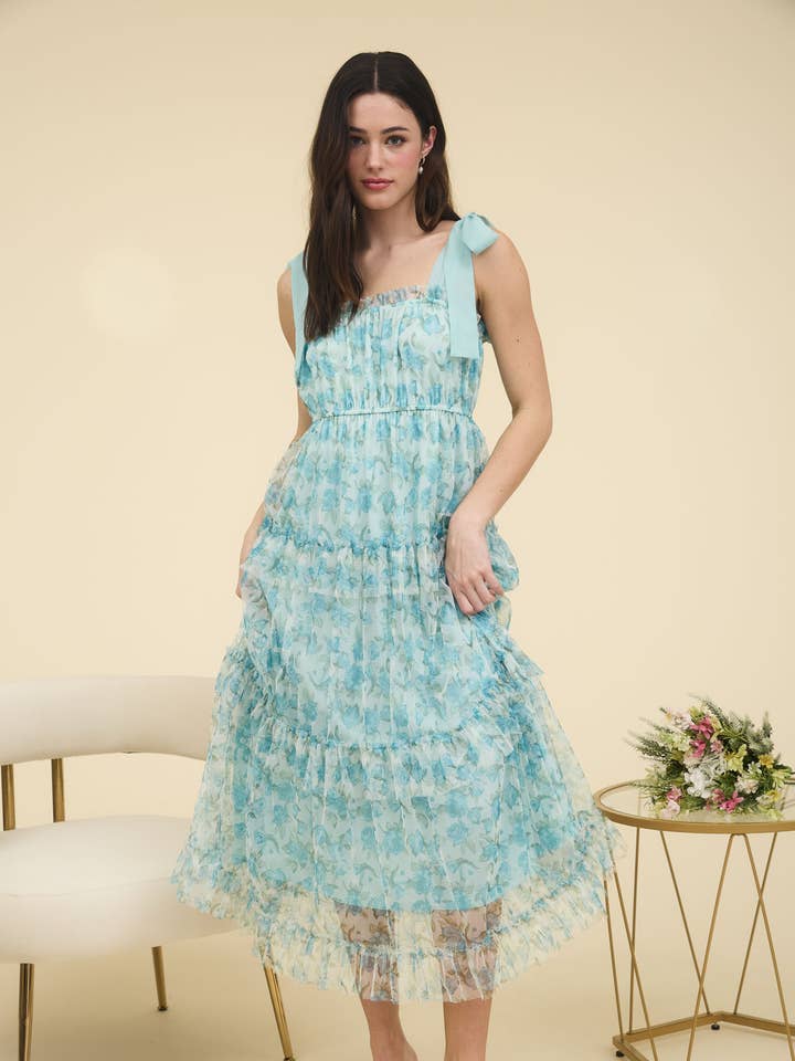 FLORAL TIE STRAP RUFFLE TRIM TIERED MAXI DRESS for wholesale by Blu Pepper