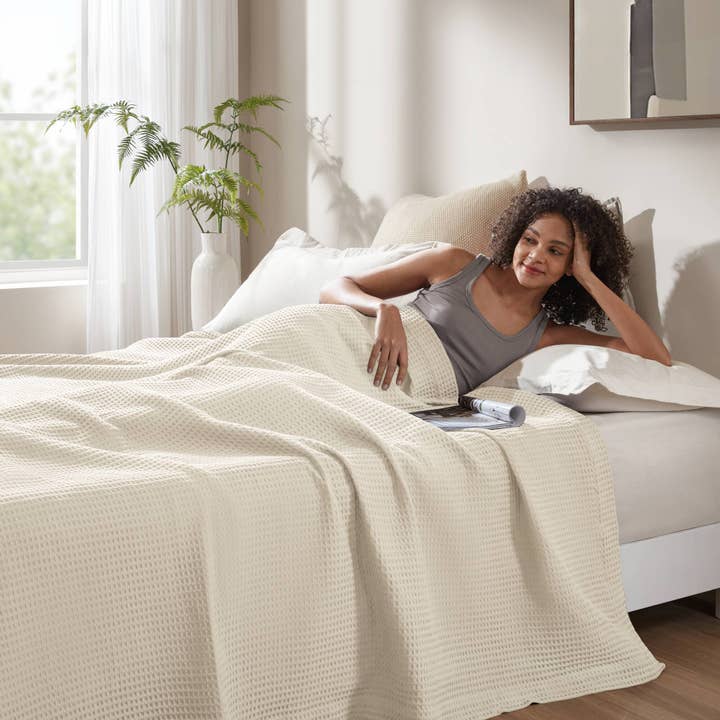 Olliix - Wholesale Bedding Blanket - Waffle Weave Cotton Bedding Blanket, Ivory
