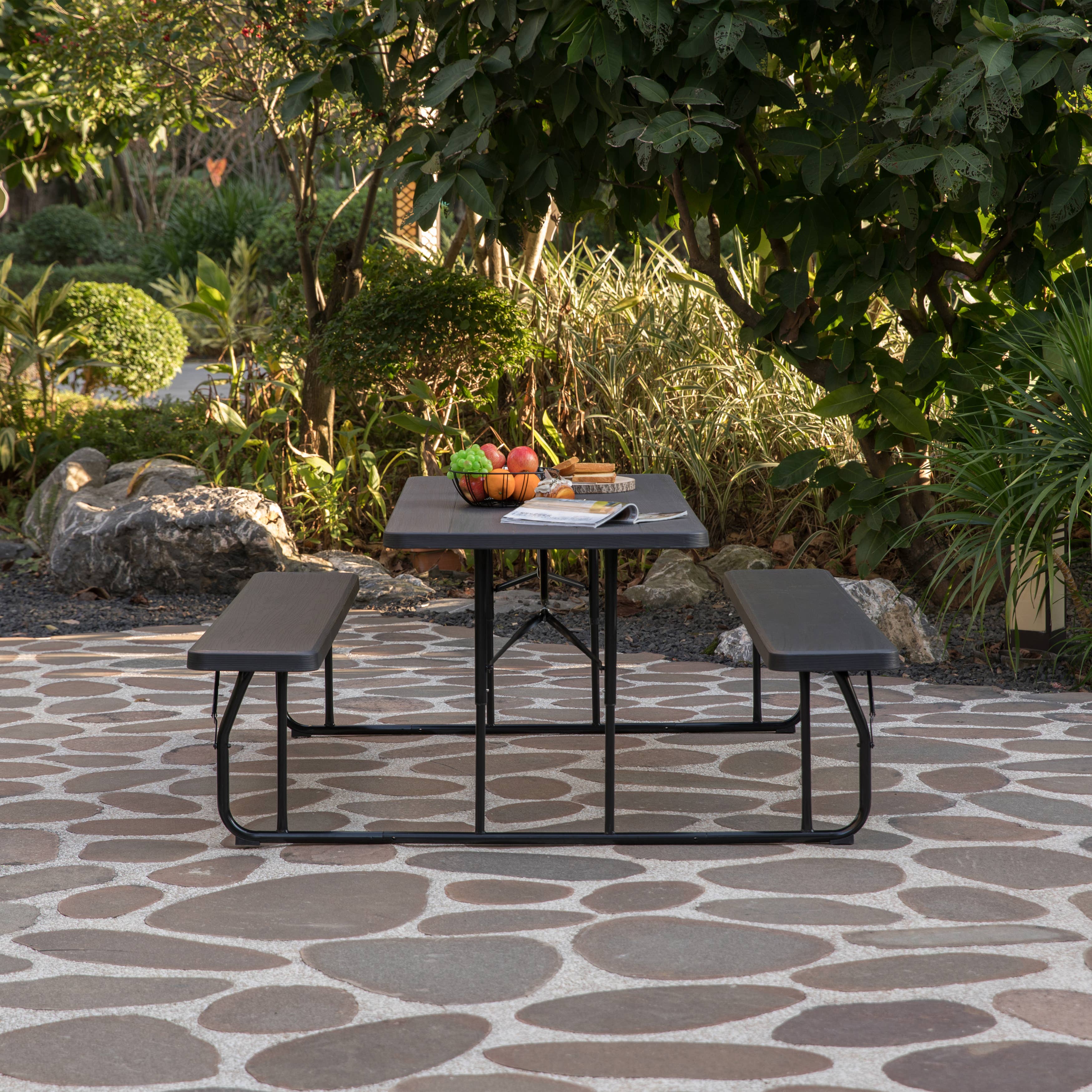 Quickway Imports - Vente Salon de terrasse - Set de table de pique-nique pliable extérieur effet bois avec structure métallique11